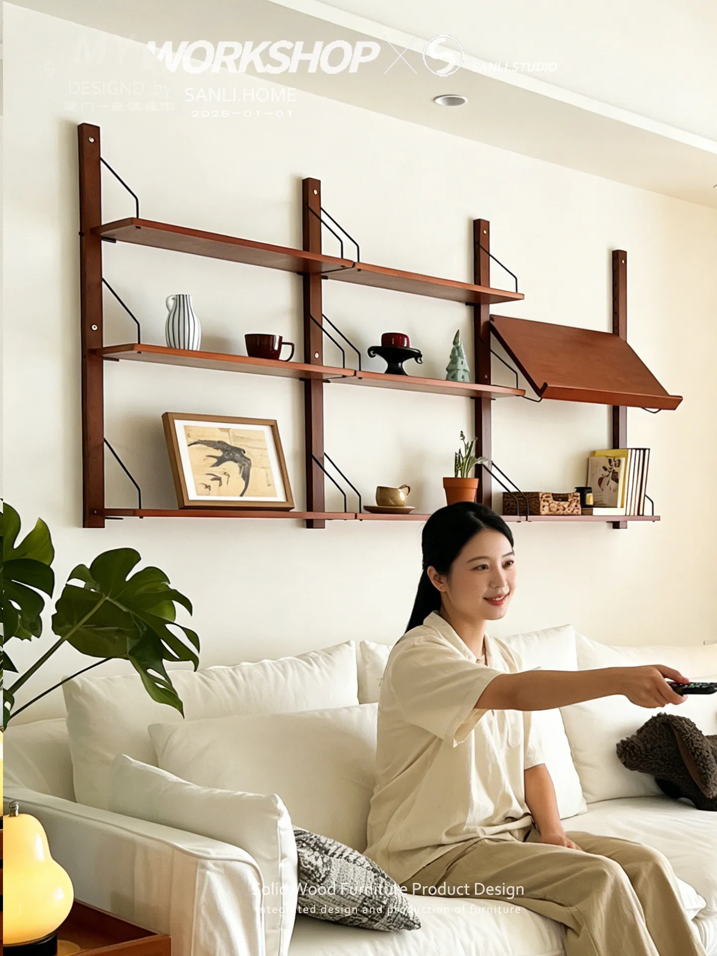 Retro wall-mounted bookshelf One-word wall shelf Home living room wall-mounted display rack Adjustable solid wood storage rack