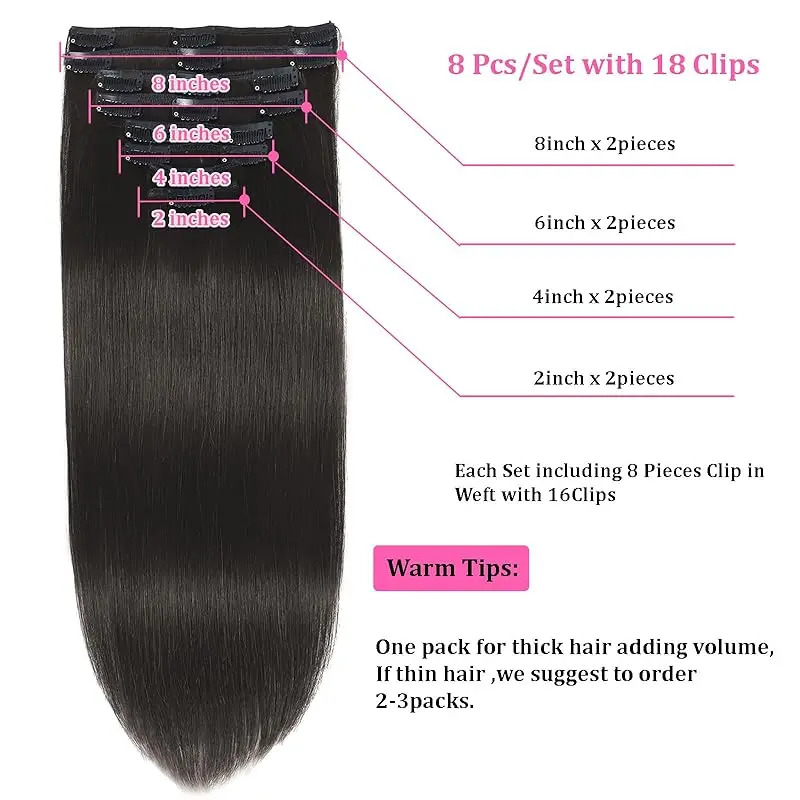 Extensões de cabelo remy para mulheres, extensões de cabelo com grampo, cabelo humano 100% real, trama dupla, # 1B, 8pcs