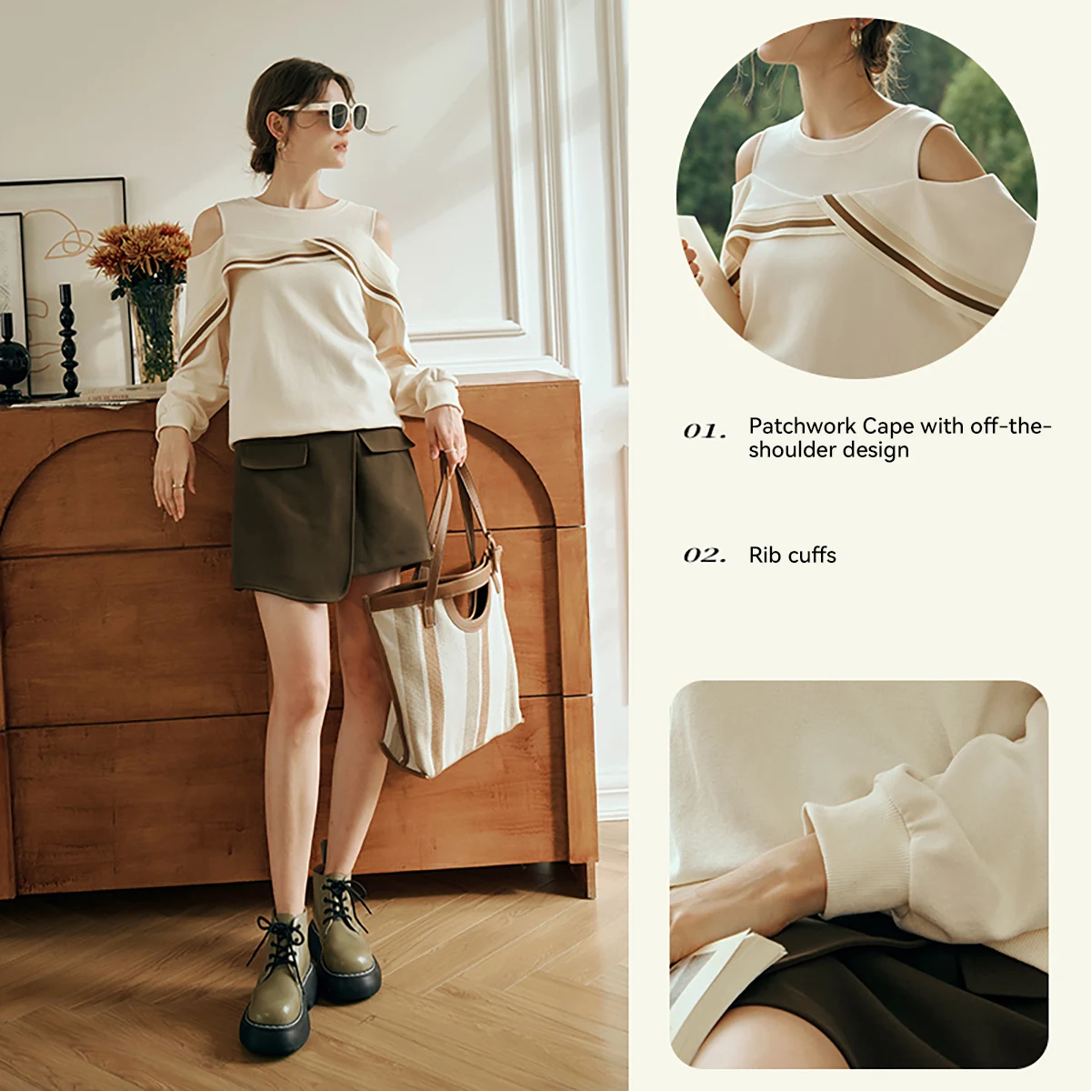 OLrain Oriel Apricot Crew Neck Sweater Women's Early Spring 2025 New French Shoulder-Spilling Design Top O23QR83326