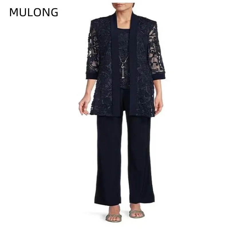 MULONG Summer Long Sleeve Lace Mother Wedding Pants Suit O Neck Floor Length 3 Piece Elegant Dresses Woman Party Dress New 2023