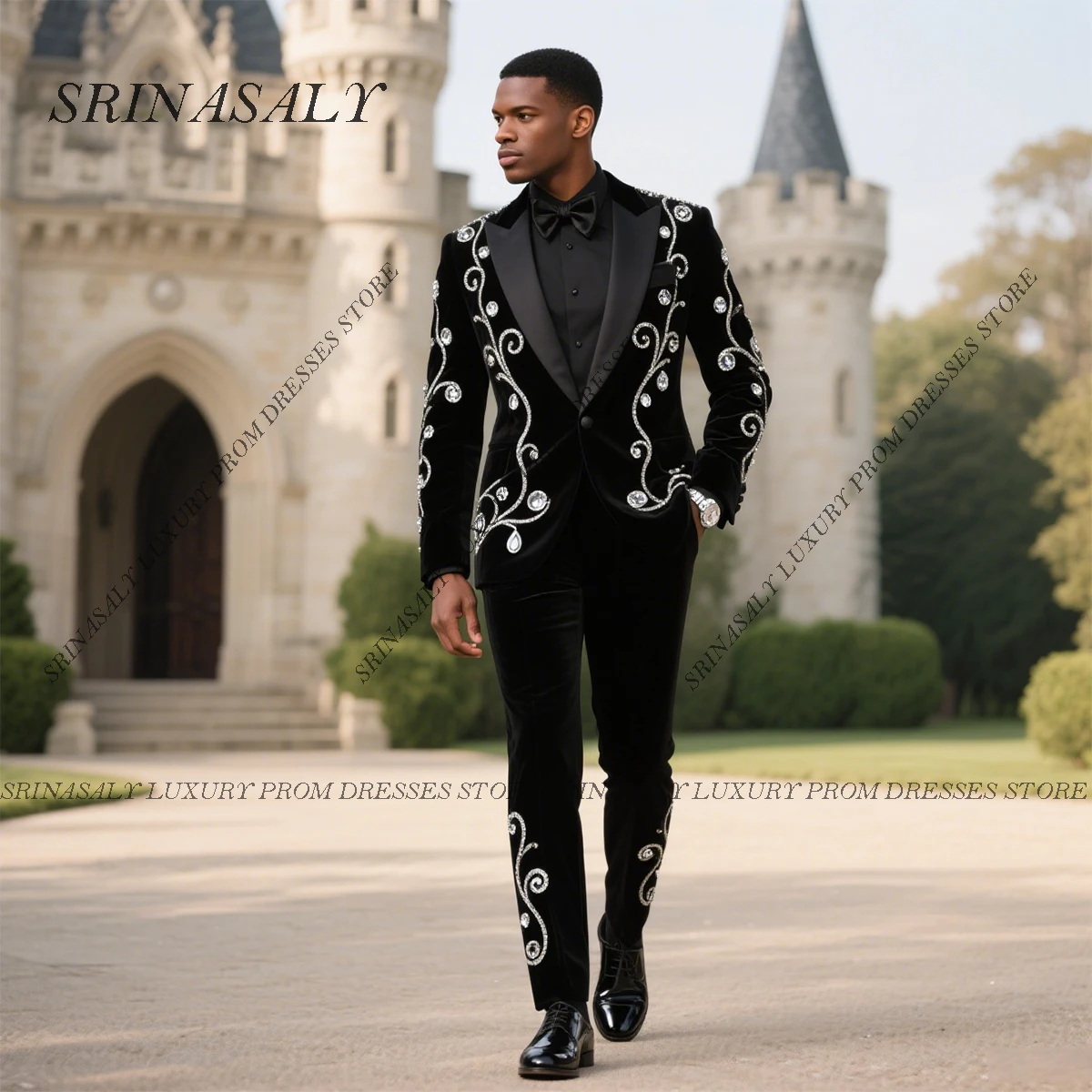 

Customized High End Diamond Beaded Men Suits Fashion Slim Groom Tuxedos Wedding Party Prom Blazer 2 Pieces Sets Ropa Hombre