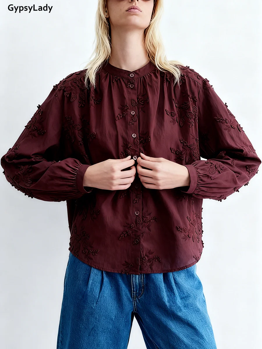 

French Style Floral-Appliqué Blouse Shirt Wine Red Flower Embroidery Women Cotton Spring Summer Long Sleeve Casual Ladies Tops