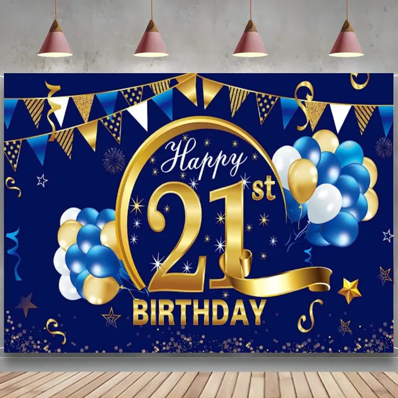 

Happy 21st Birthday Banner Decorations Blue Gold 21 Birthday Backdrop Party Supplies 21 Year Old Birthday Photo Background Boy