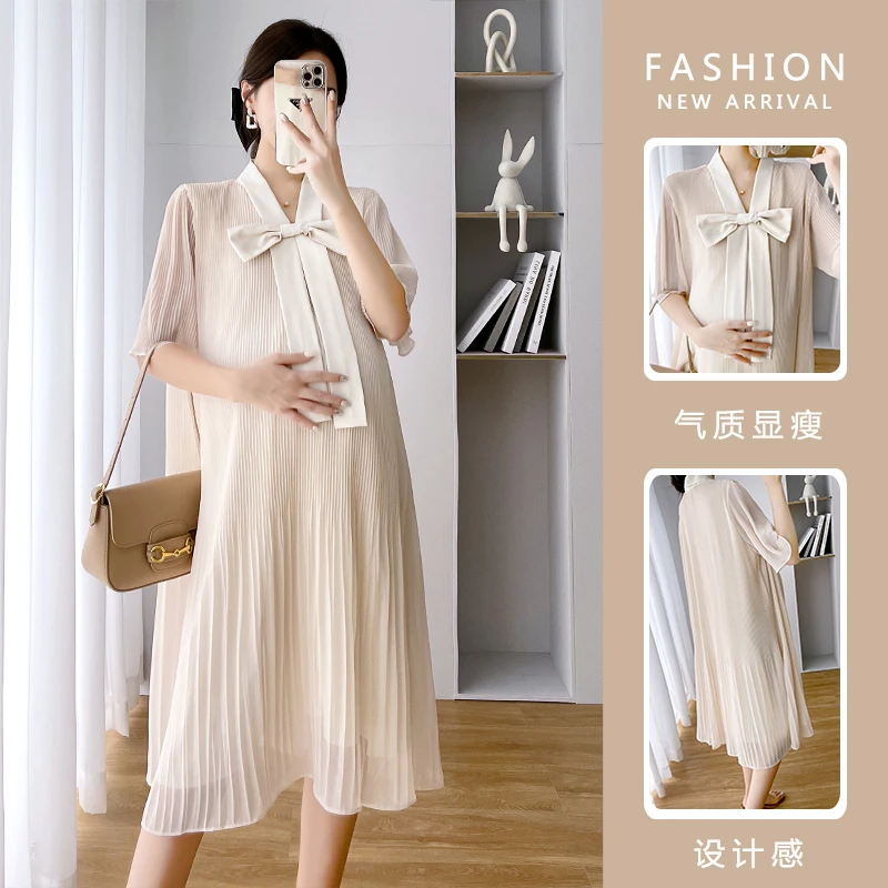 Summer Korean Fashion Chiffon Maternity Dress Elegant Sweet Loose Clothes for Pregnant Women Ins Ruffle Bow Pregnancy Clothing