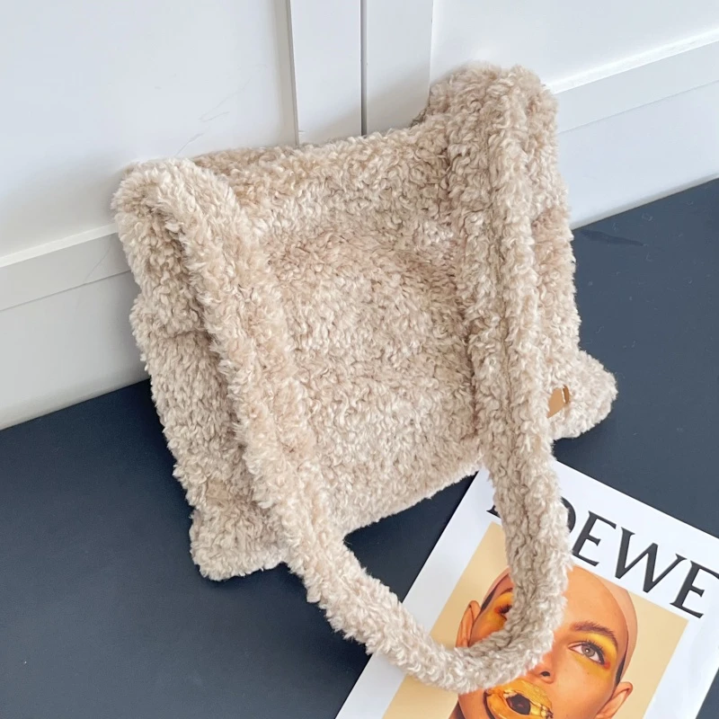 Women Winter Teddy Fleece Hobo Bag Soft Fuzzy Plush Large Capacity Casual Daily Shopping Ladies Underarm Shoulder Handbag