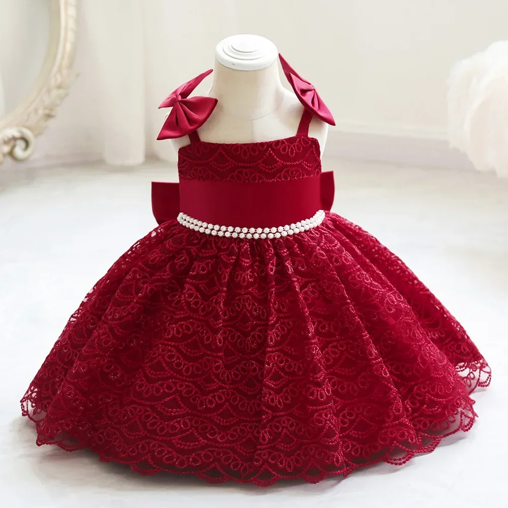 Lace Flower Dress for Baby Girls Pearl Sashes Sling Bow White Birthday Outfit Newborn Summer Kids Wedding Gown 1-5 Years for Eid