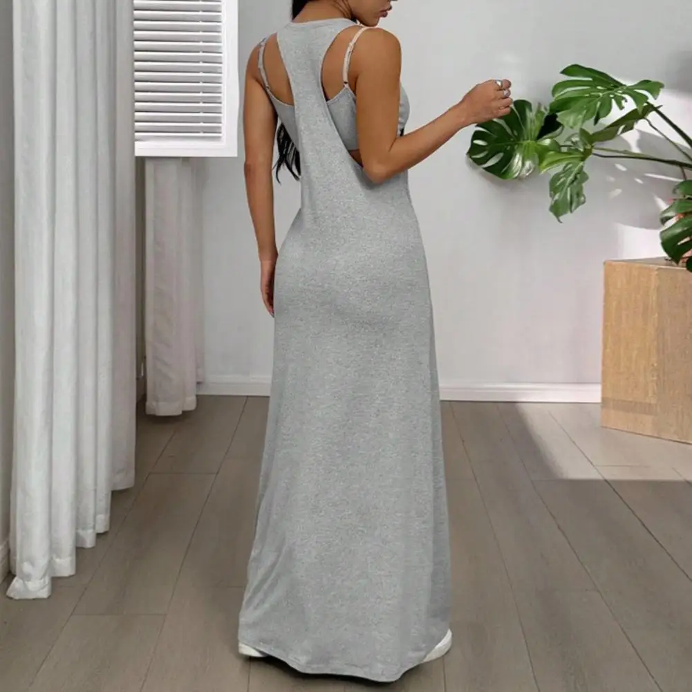Women Cami Top Dress Two Piece Set Summer Solid Color Wide Strap Long Dress Camisole Casual Ankle Length Sleeveless Midi Dress W view 5
