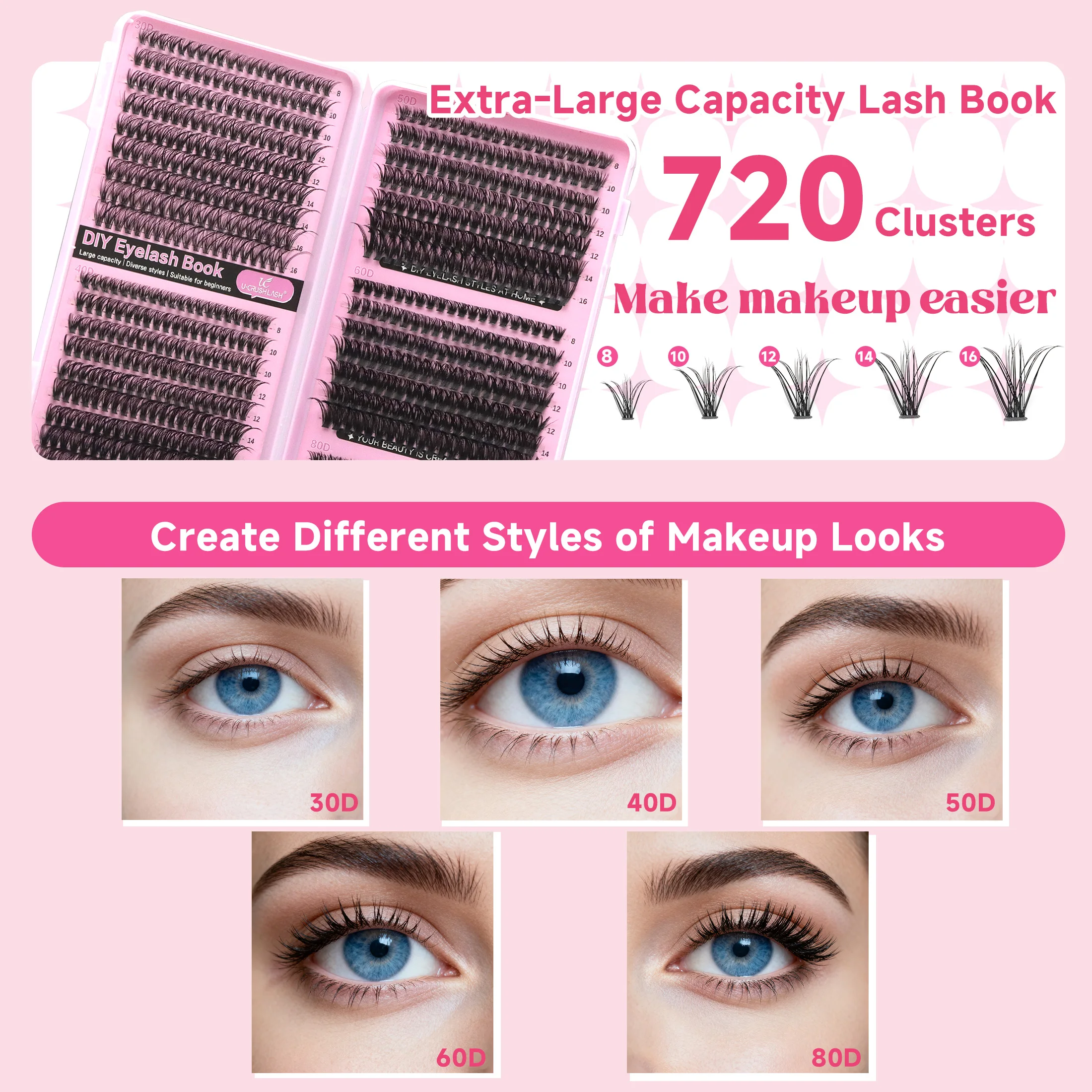 مجموعة رموش صناعية ذاتية الصنع بسعة كبيرة 3040506080 كتاب رموش عنقودية مع ملقط مزيل الصمغ في المنزل للمكياج المبتدئ