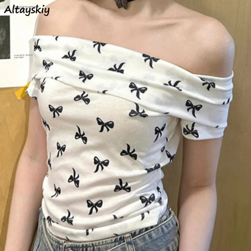 Chic T-shirts for Women Summer Bow Hotsweet All-match Skinny Ins Alsh Neck Korean Style Streetwear Niche Beauty Soft New Casual