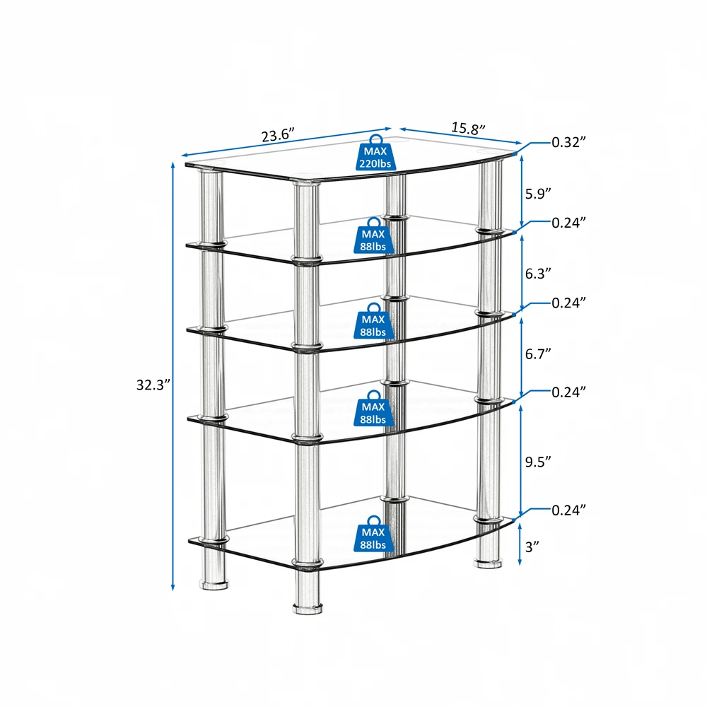 Display Stand 5-Tier Tempered Glass Side Table Stainless Steel Frame End Table for Living Room, Bedroom, Black Visualizer