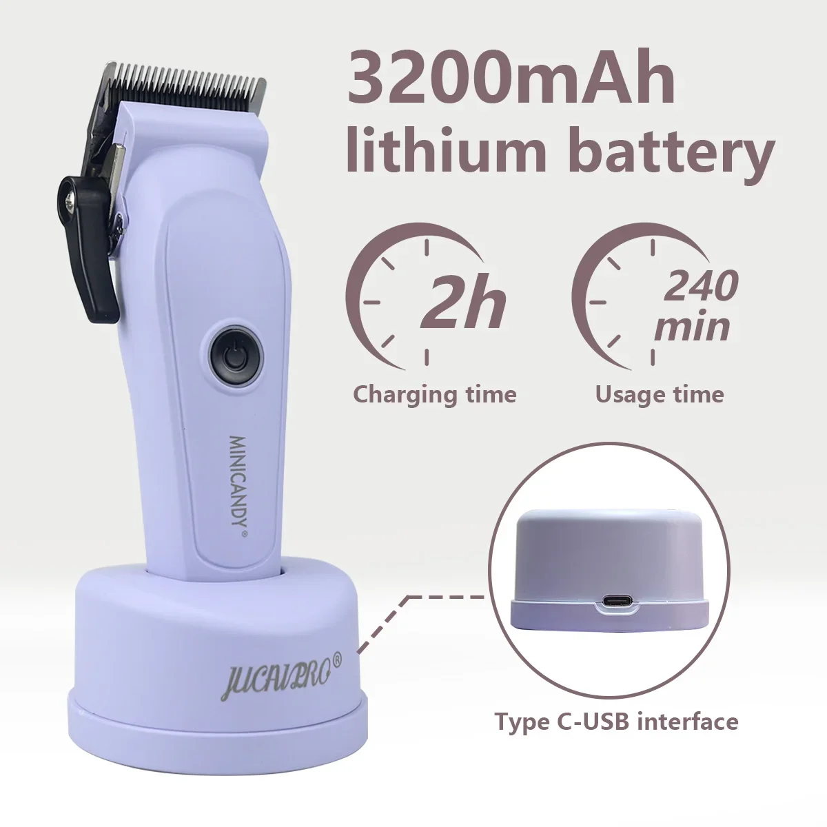 JUCAI MINICANDY JC06 ماكينة قص الشعر الكهربائية DLC Blade 7200RPM محرك بدون فرشاة مع شاحن قاعدة 3200 مللي أمبير في الساعة ماكينة قص الشعر