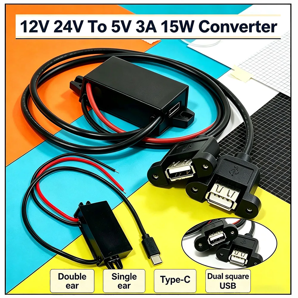 DC/DC 12V 24V To 5V 3A 15W Converter Module Regulator Power Supply For Type-C Micro USB Output Car Charger (Dual USB With Ear)