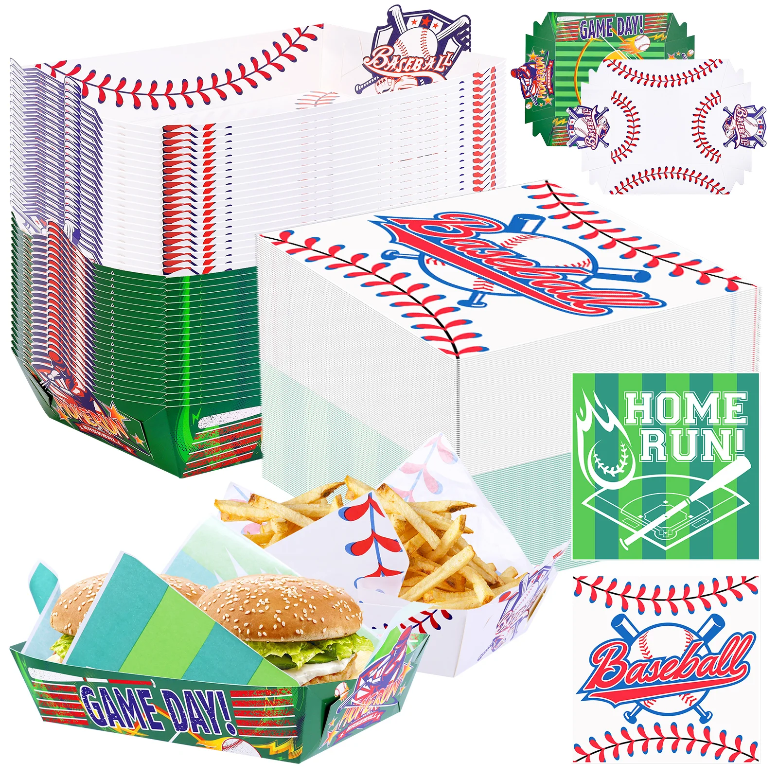 150Pcs Disposable Serving Tray Sets 50PCS Paper Food Tray &100PCS Hamburger Paper for Softball Birthday Decorations Favor