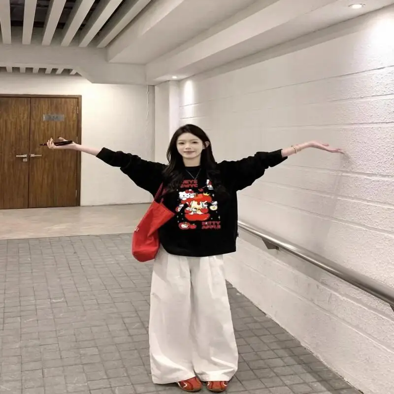 

Y2K Cartoon Sanrio Hello Kitty Girl Long Sleeves T-Shirt Spring Autumn Kawaii Student Tops Kit Woman Pullover Loose Base Layer