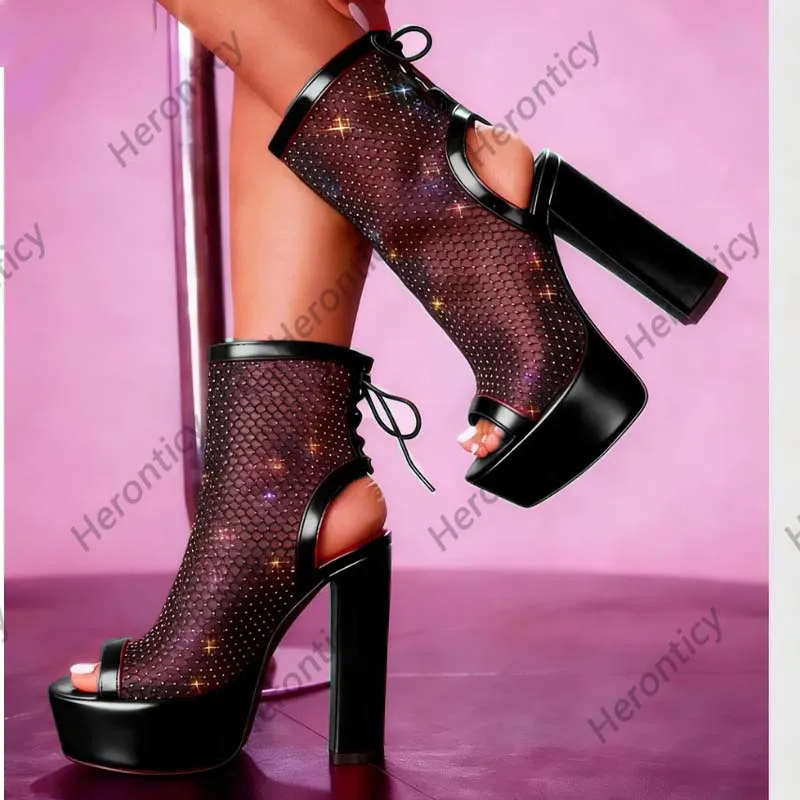 Heronticy Handmade Women Yellow Platform Ankle Boots - Custom Fishnet Mesh Heels with Rhinestone Detail and Chunky Size 5-20