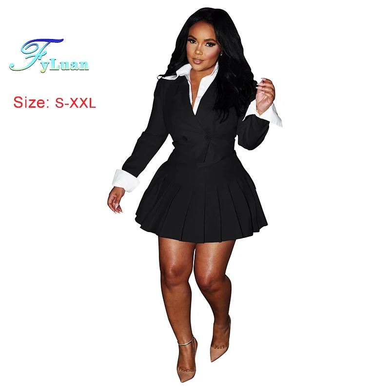 Nuove donne di colore solido minigonne a pieghe vestito elegante abito a maniche lunghe top cappotti una linea gonne pendolarismo femminile set a due pezzi