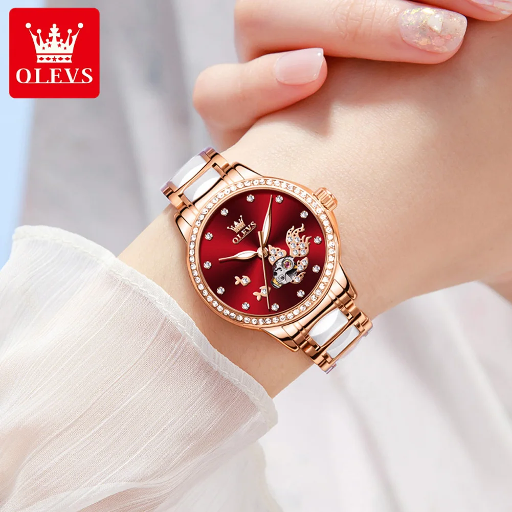 Imagem -06 - Olevs-relógio Mecânico Strap Cerâmica para Mulheres Elegantes Senhoras Relógios de Pulso Carp-shaped Ouro Rosa Diamond Dial Koi Esqueleto Novo