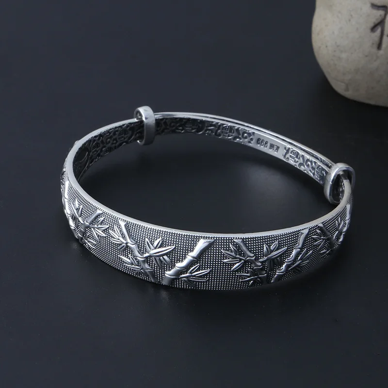 Unibabe 999 Fine Sterling Silver Jewelry Thai Silver Lucky Bamboo Bracelets Ribbed Openings Bangle