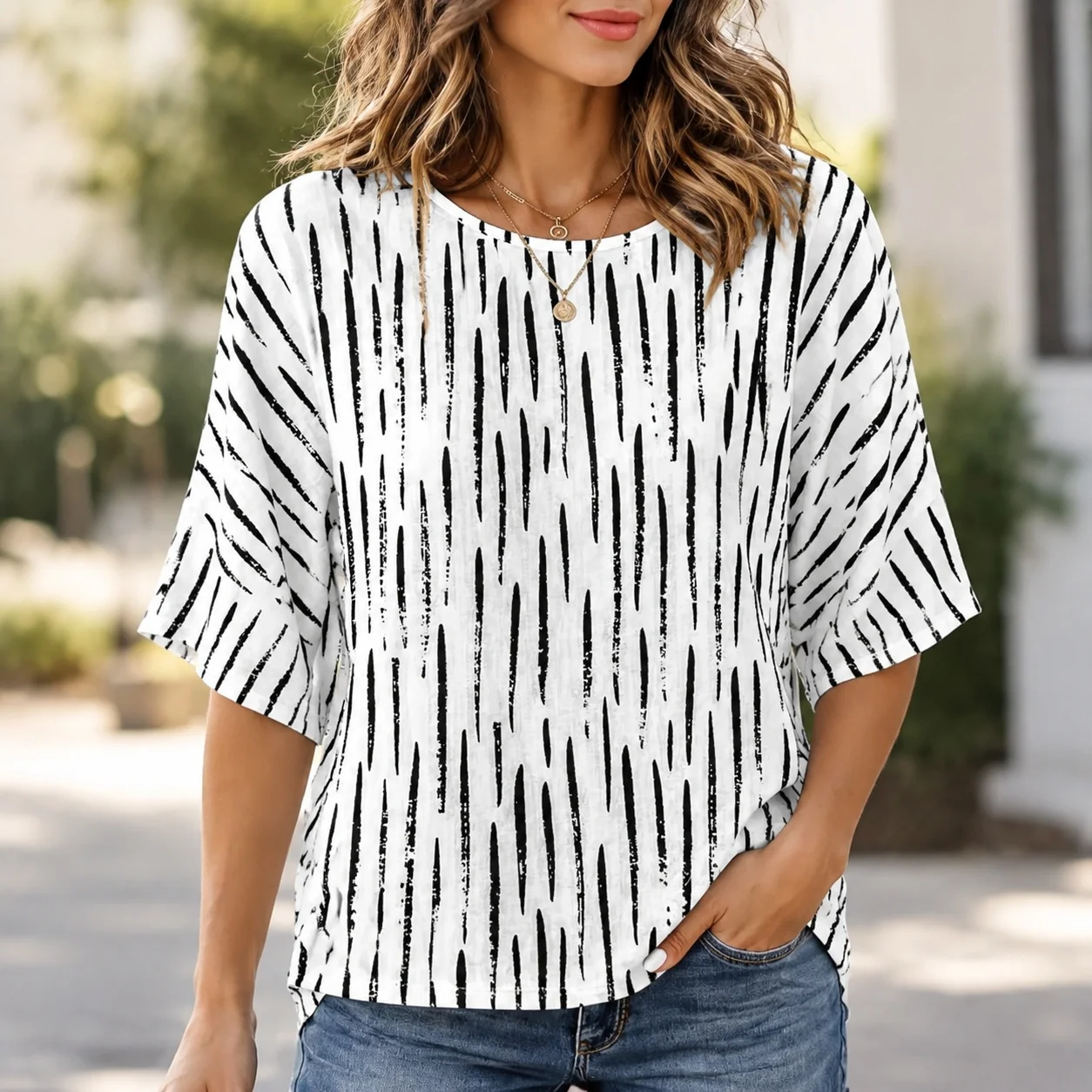 Printed Round Neck Top Loose Fit Elegant Style with Mid Length Sleeve T Shirts Fresh Sweet Style Summer 3D Print Women T Shirt