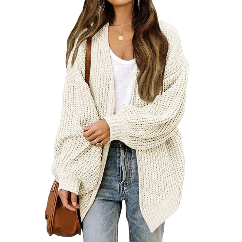 ABRINI Women Loose Casual Sweater Coat Lantern Sleeve Warm Jacket Solid Cardigan Coat Knit Autumn Winter Solid Chic Outerwear