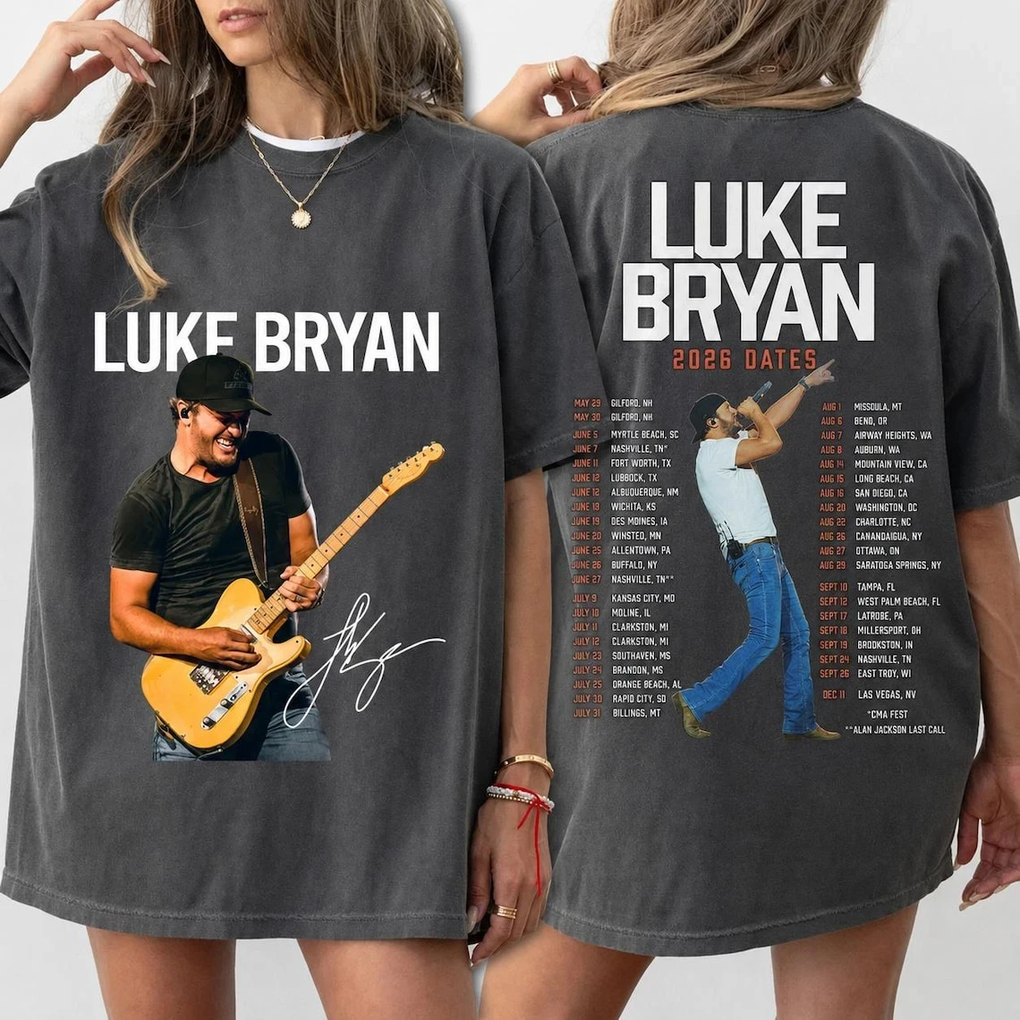 Luke Bryan 2026 Country Music Tour Graphic T‑Shirt Double‑Sided Print Retro Western Concert Tee Casual Daily Short Sleeve Tops