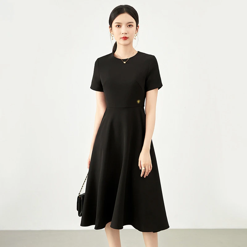 ZJYT Elegant Summer Simple Brief Dresses Women Designer Short Sleeve O Neck Casual Daily Party Dress Midi Aline Vestidos Black