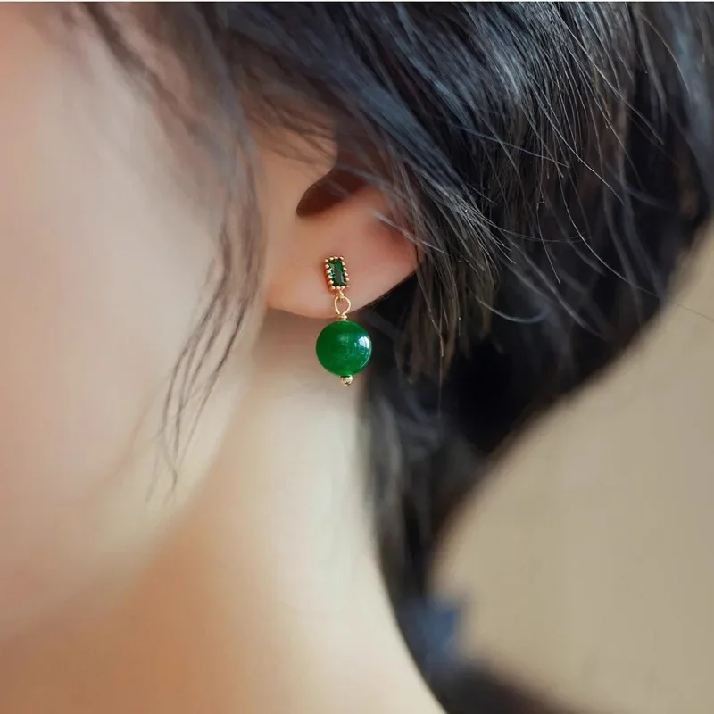 Minar Wholesale Green Color Jade Natural Stone CZ Cubic Zirconia Drop Earrings for Women 14K Real Gold Plating Copper Jewelry