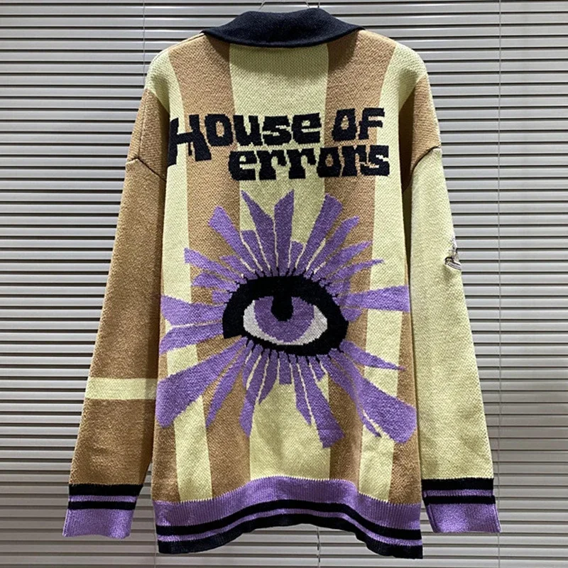 

New Niche Fashion Trend House of Errors Sweater Eye Print Loose Casual Lapel Long Sleeves Pullovers Men Women Knitwear