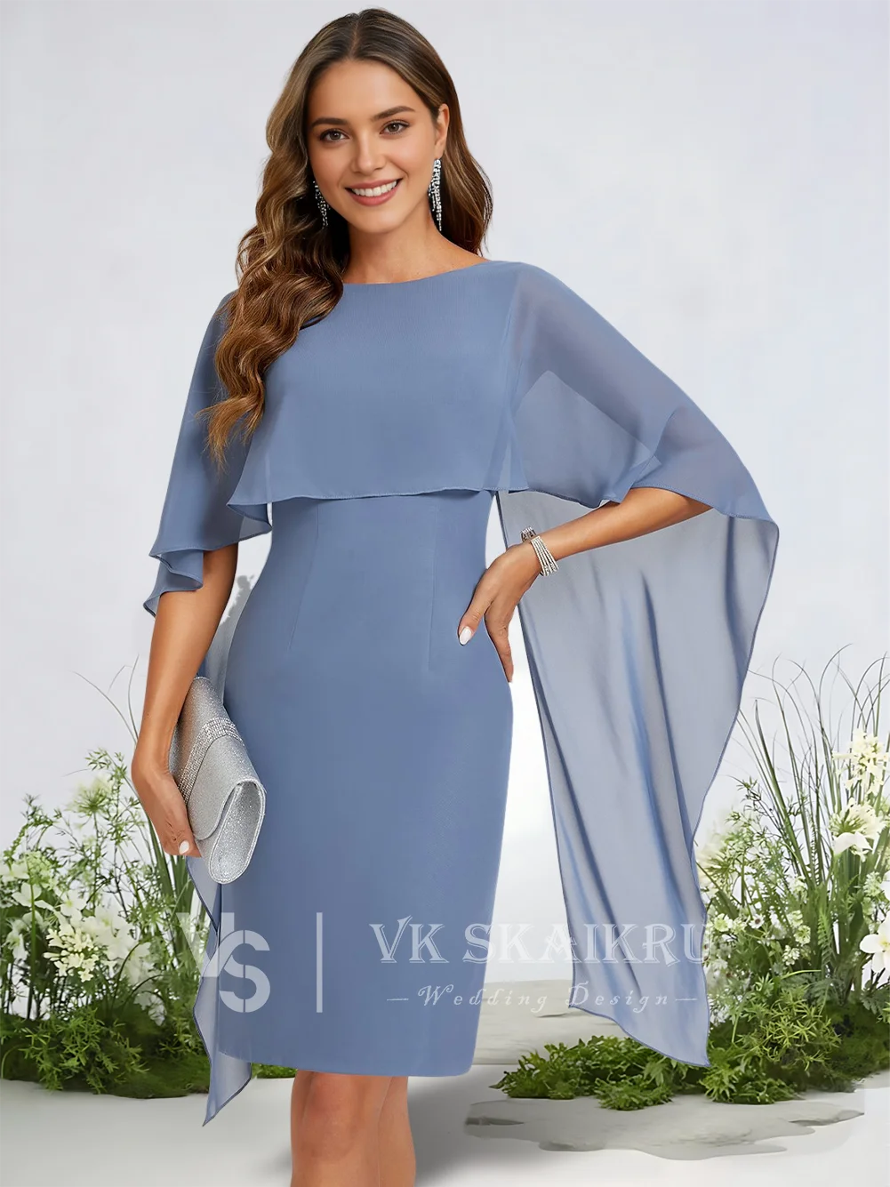 

A Slate Blue Cocktail Dresses 2025 Scoop Neck Sheath Column Chiffon Prom Evening Dress Knee-Length Cap Sleeve Formal Gown​