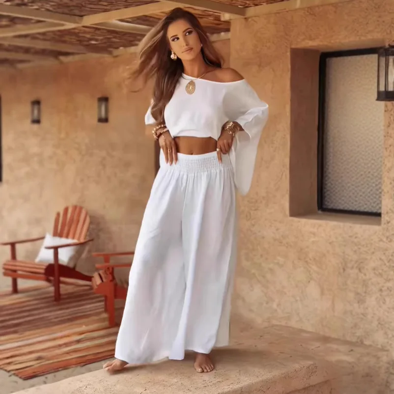 2025 cor sólida casual solto em torno do pescoço fora do ombro verão terno feminino festival outfit