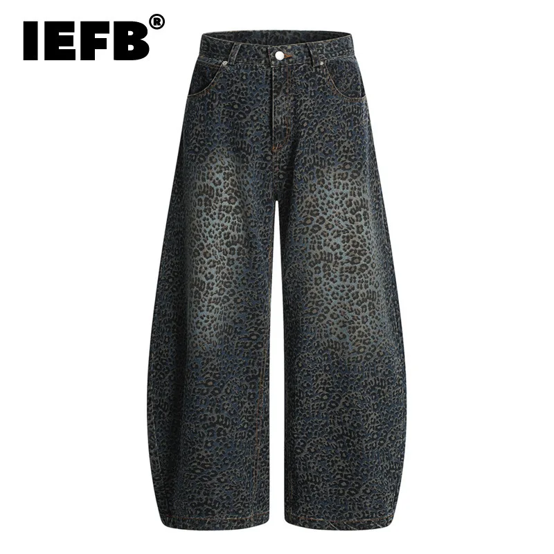 IEFB High Street Men's Curved Knife Pants Leopard Print Gradient Color Wide Leg Jeans Loose Wide Leg Male Denim Trousers CPG3920