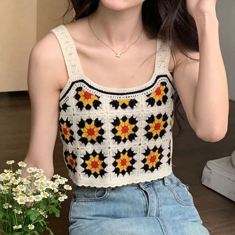 Embroidery Floral Granny Square Crochet Crop Top Women Teengirl Open Knit Sleeveless Tanks and Camis Summer Fairycore  Outfit