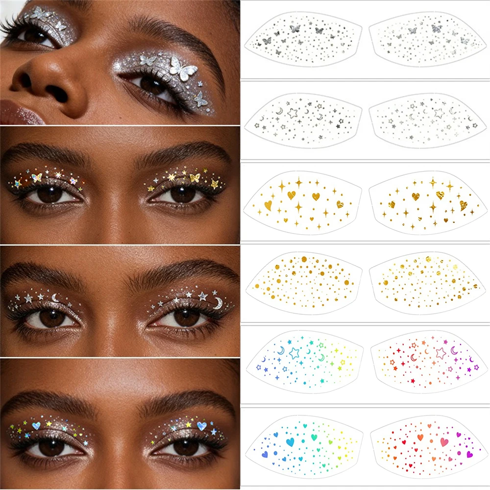 6Pcs/Set Metallic Foil Freckle Eye Shadow Patch Waterproof Silver Glitter Temporary Eyeshadow Tattoo for Women Party Face Makeup