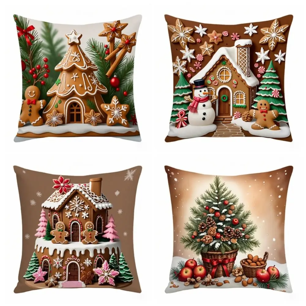 Short Christmas Day Pillowcase 45x45cm Gingerbread Man Throw Pillow Cover Snowman Xmas Tree Decorative Cushion Cover