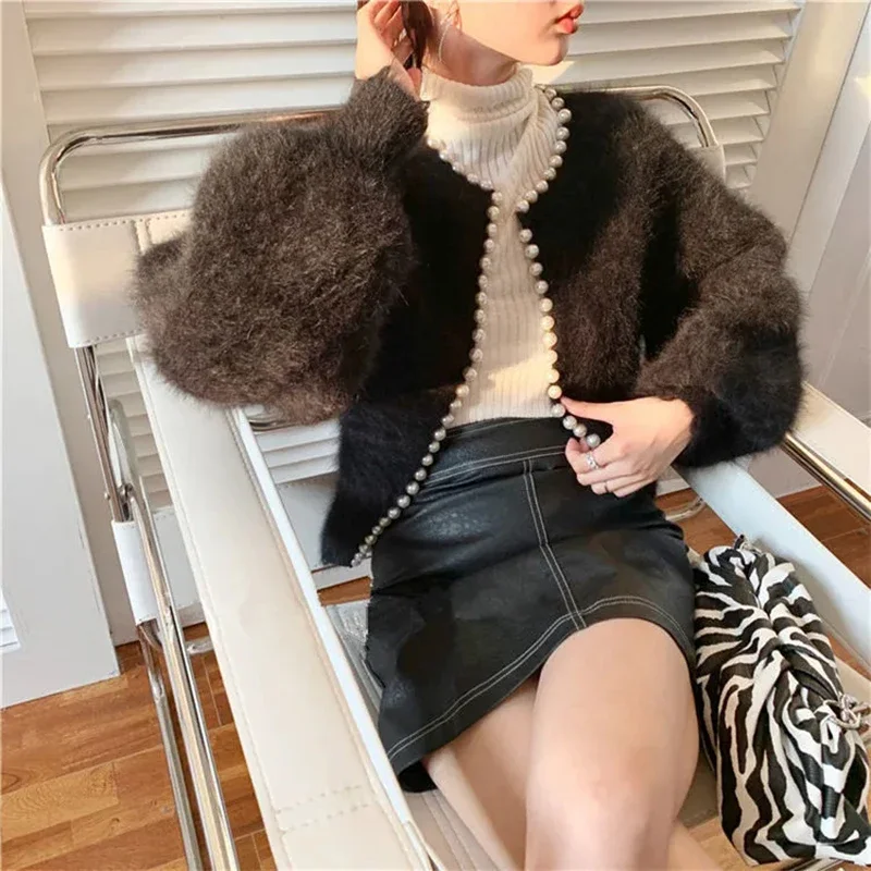 Vintage Pearls Knitted Cardigan Women Mink Cashmere Sweater Coat Korean Sweet Cropped Patchwork Knitwear Elegant Jumper Tops New