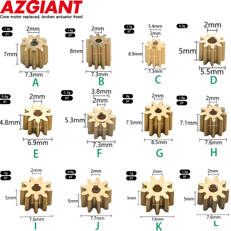 Azgiant 9T Through Hole Pressure Wheel Copper Gears For Car Door/Direction/Trunk/Fuel Tank Motor Parts Replacement Models DIY