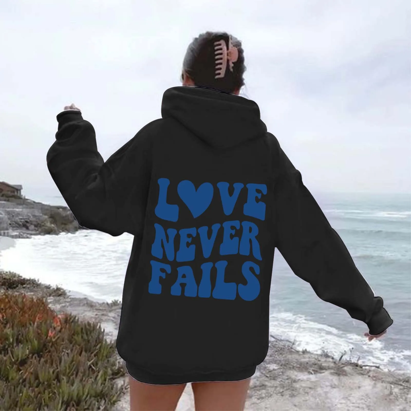 حبيب المرأة فشل كبير الحجم هوديي الرياضية ، أحادية اللون ، طباعة الحروف ، الخريف ، جديد