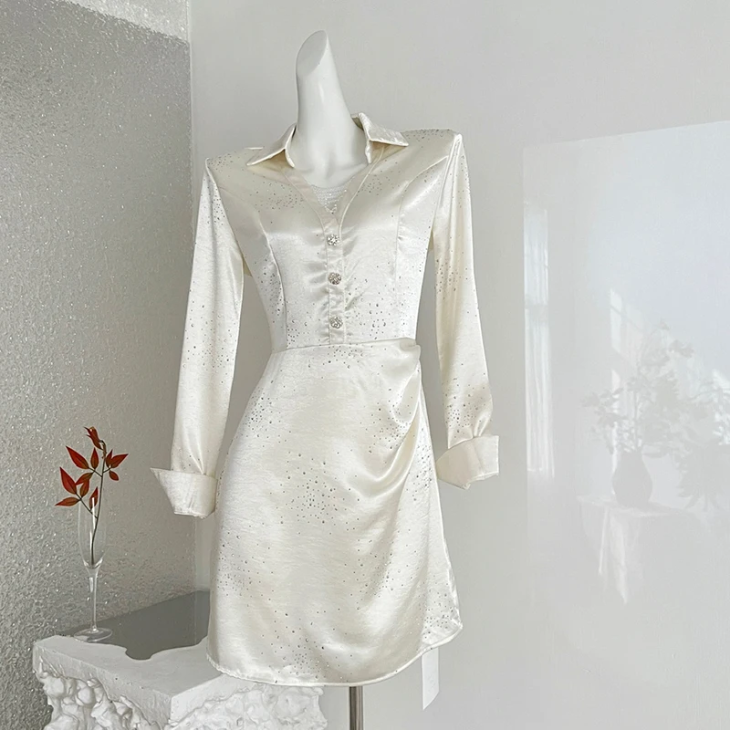 Zip-up shirts jurk elegante lange mouw Koreaanse mode satijnen jurk vrouwelijke 2026 nieuwe lente herfst kralen korte jurk vestidos