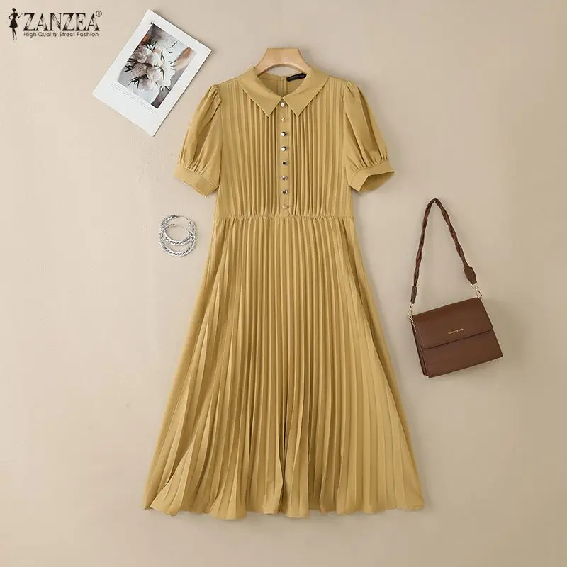 ZANZEA فستان كاجوال المرأة الصيف قصيرة الأكمام فضفاضة الصلبة الركبة طول فستان الشمس 2026 موضة مطوي أنيقة مكتب سيدة Vestidos #4
