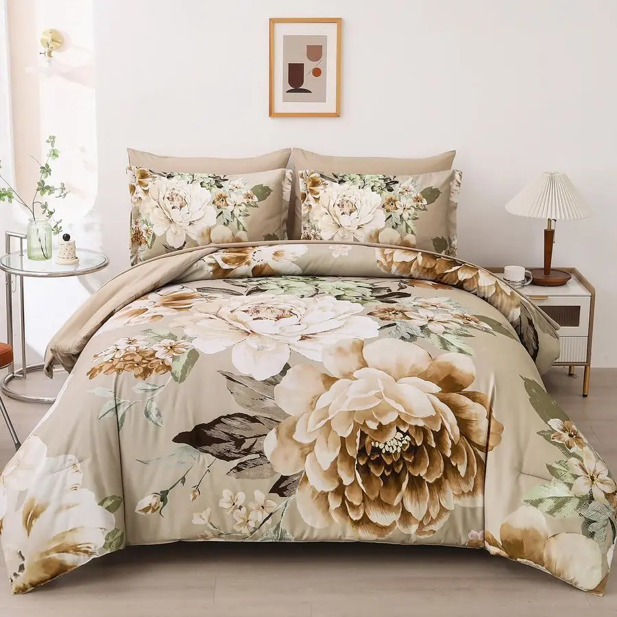 

Khaki Floral Comforter Set Queen Size 7 Pieces Bed in a Bag, Khaki Flower Bedding Set Soft Comforter Set for All Season with Fla