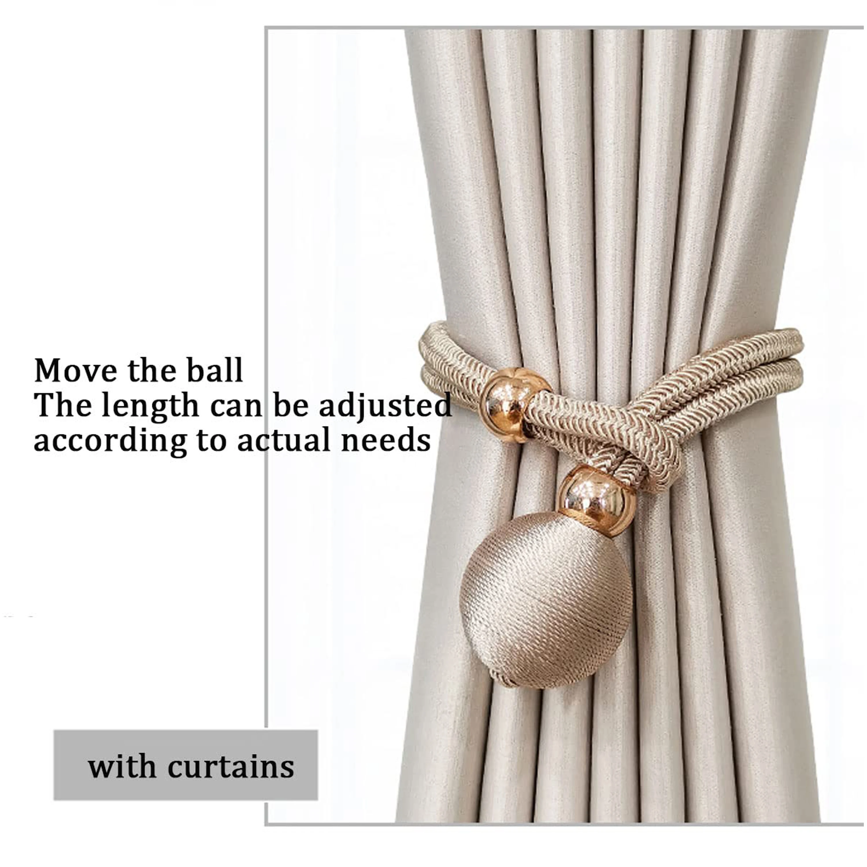 2pcs Adjustable Deluxe French Ball Curtain Ties, durable, easy to install, no drilling required, For bedroom, living room