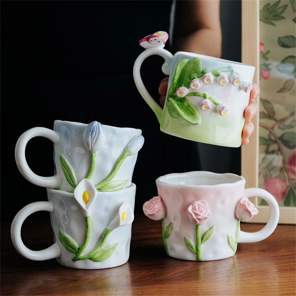 High Color Value Ceramic Coffee Cup Three-Dimensional Tulip Morning Glory Printing Kitchen Supplies Mug Spoon Fresh Style Gifts