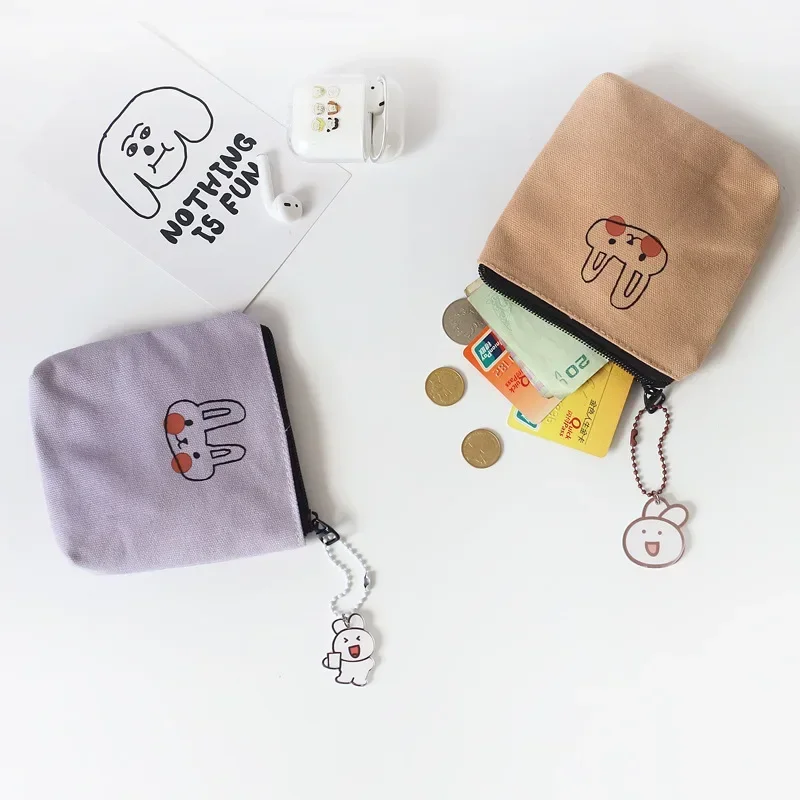 Bolsas cuadradas de lona para organizar dinero y monedas, monedero pequeño con forma de conejo bonito, almacenamiento de tarjetas, llaves y auriculares, colgante de conejo al azar