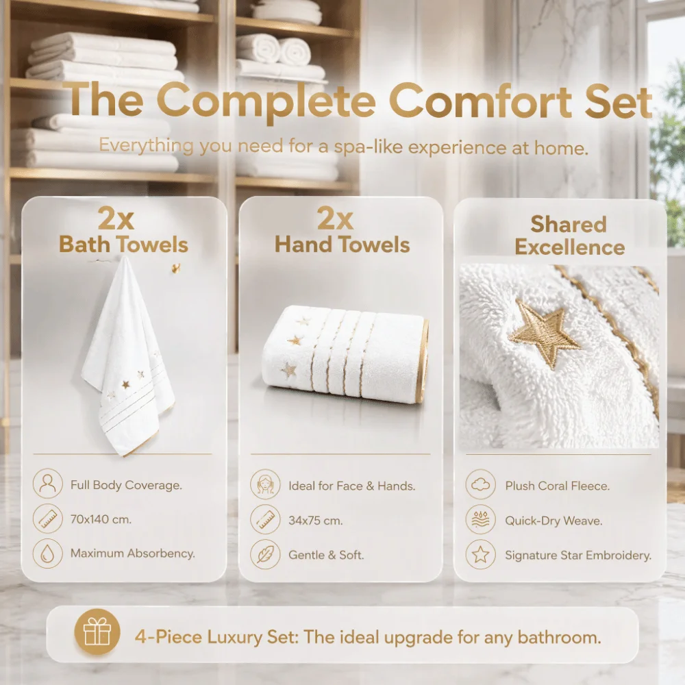 4pcs Luxury Absorbent Star Embroidered Towel Set Quick Dry Ultra Soft Bath Linen Set Coral Fleece Gold Trim Bath Towel Set Hotel