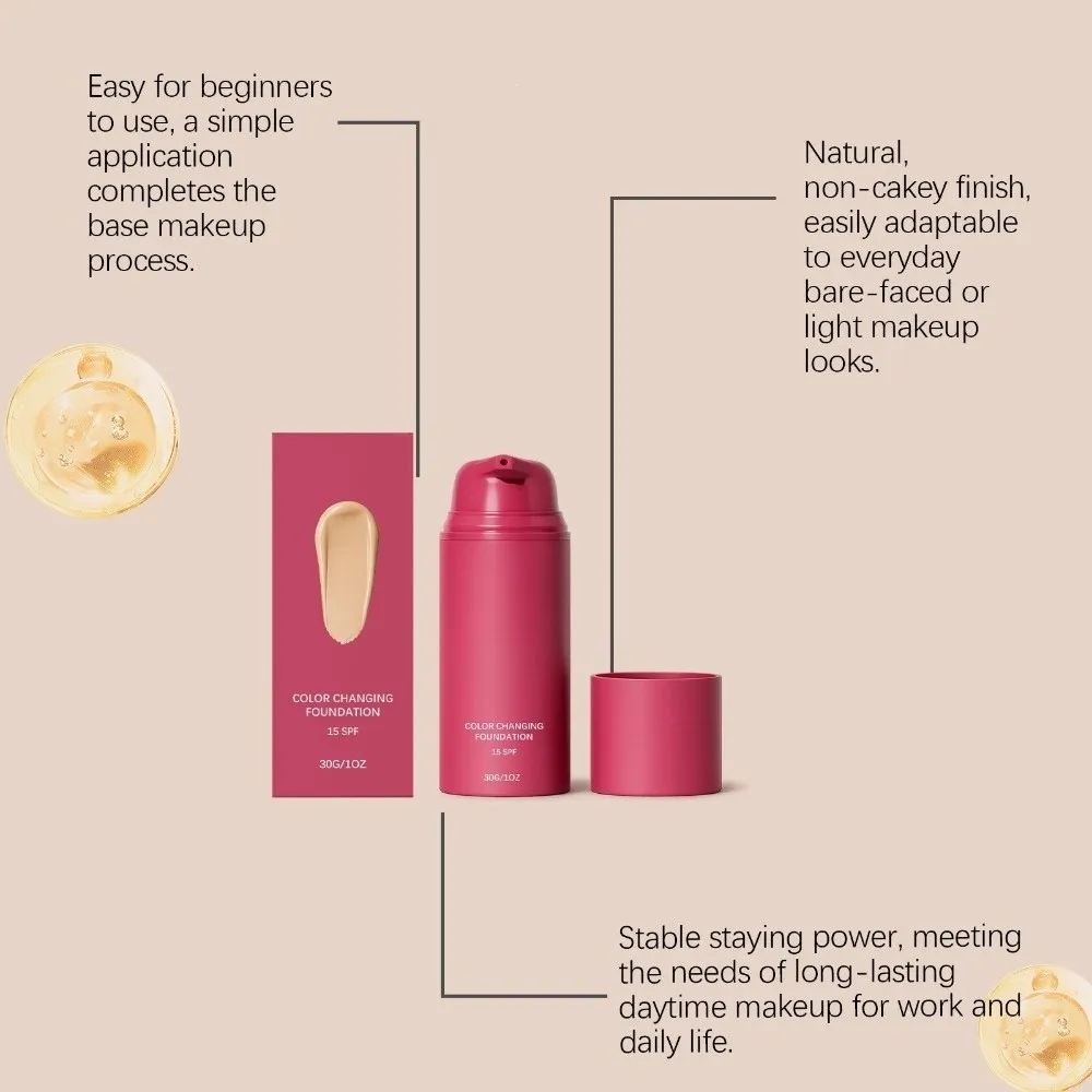 Lightweight Coverage Color Changing Foundation Buildable Coverage Long-Lasting Skin Tone Adapting Foundation Delicate Texture