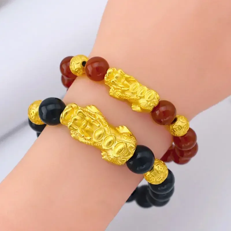 999 24K Real Gold Pixiu Obsidian Red Agate Bracelet Bracelet Transfer Bead Bracelet 18K Gold