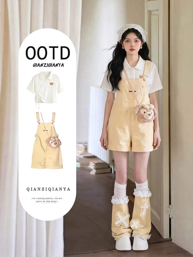 Summer Gentle Wind plus Size  Neck Short Top with Denim Overalls Two Piece Set for Women Casual Fashion Ensemble