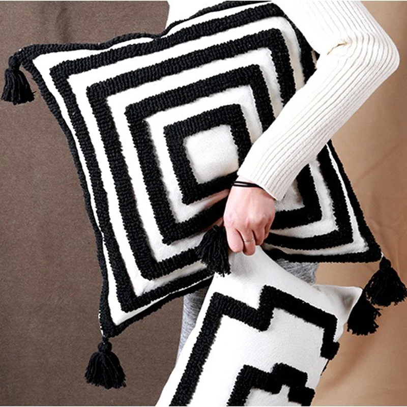 

Tufted Cotton Cushion Cover With Tassels Black Line Pattern Plush Throw Pillow Case Handmade Home Decoration