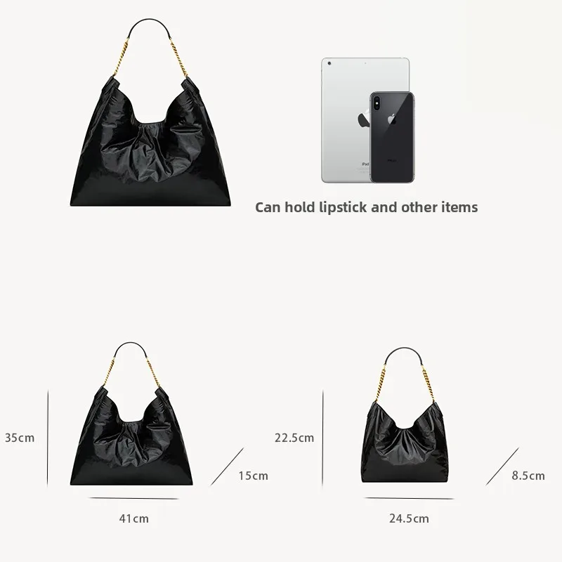 Vintage Black Leather Tote Bag Women Large Capacity Fashion Luxury Simple Commute Single Shoulder Bag Metal Chain Handbag