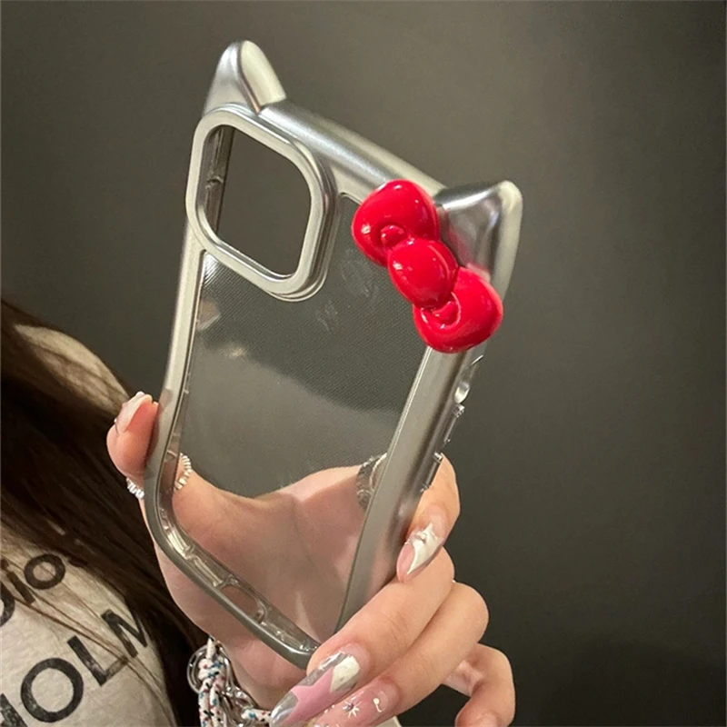 Korean Electroplated Cat Ear Silver Clear Case For iPhone 16 15 13 12 14 Pro Max Plus 11 Cute Soft Cover 3D Bowknot Girl Shell